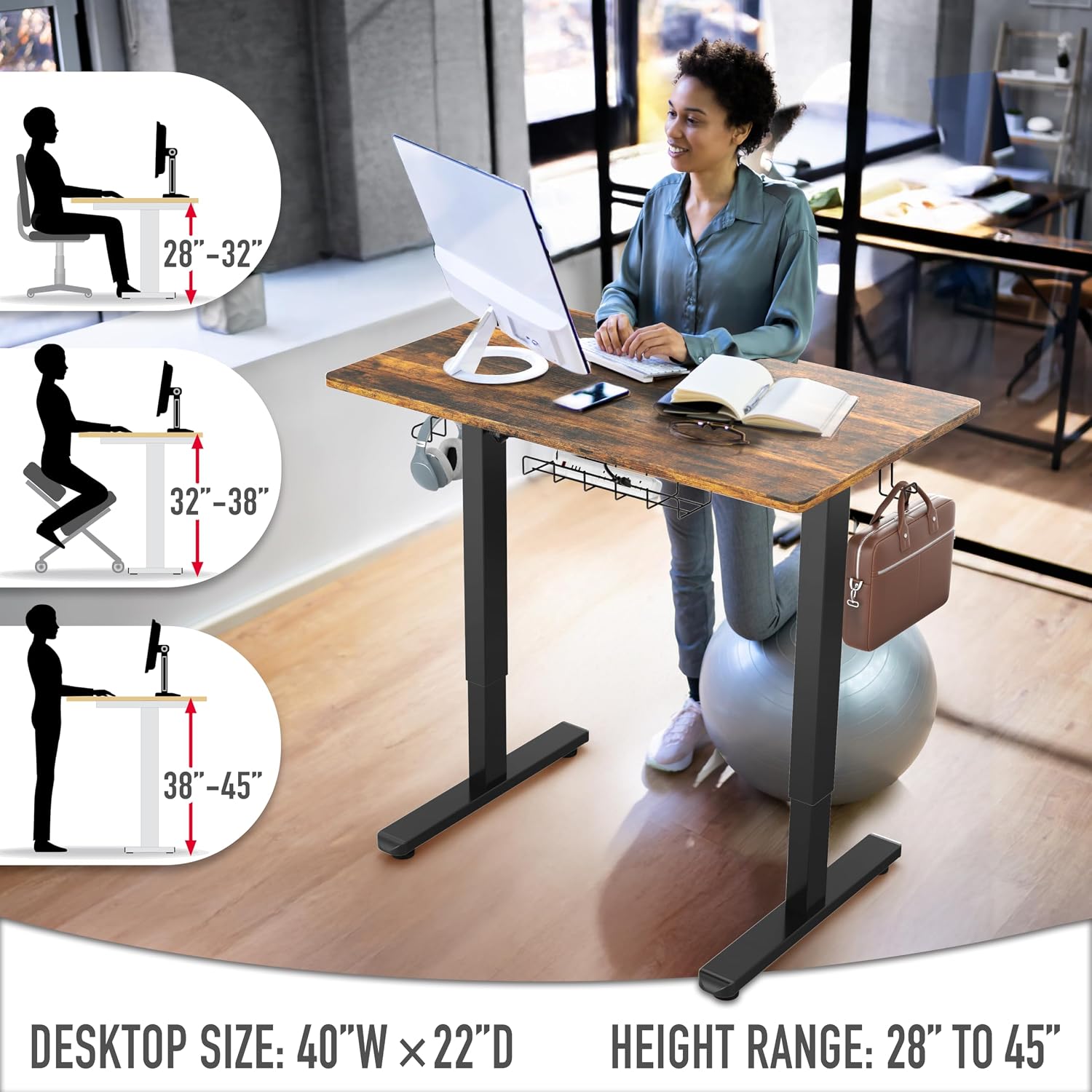 SHW 40 x 22 Inches Electric Height Adjustable Sit to Stand Desk with Hanging Hooks and Cable Management, Black Frame and Rustic Brown Top
