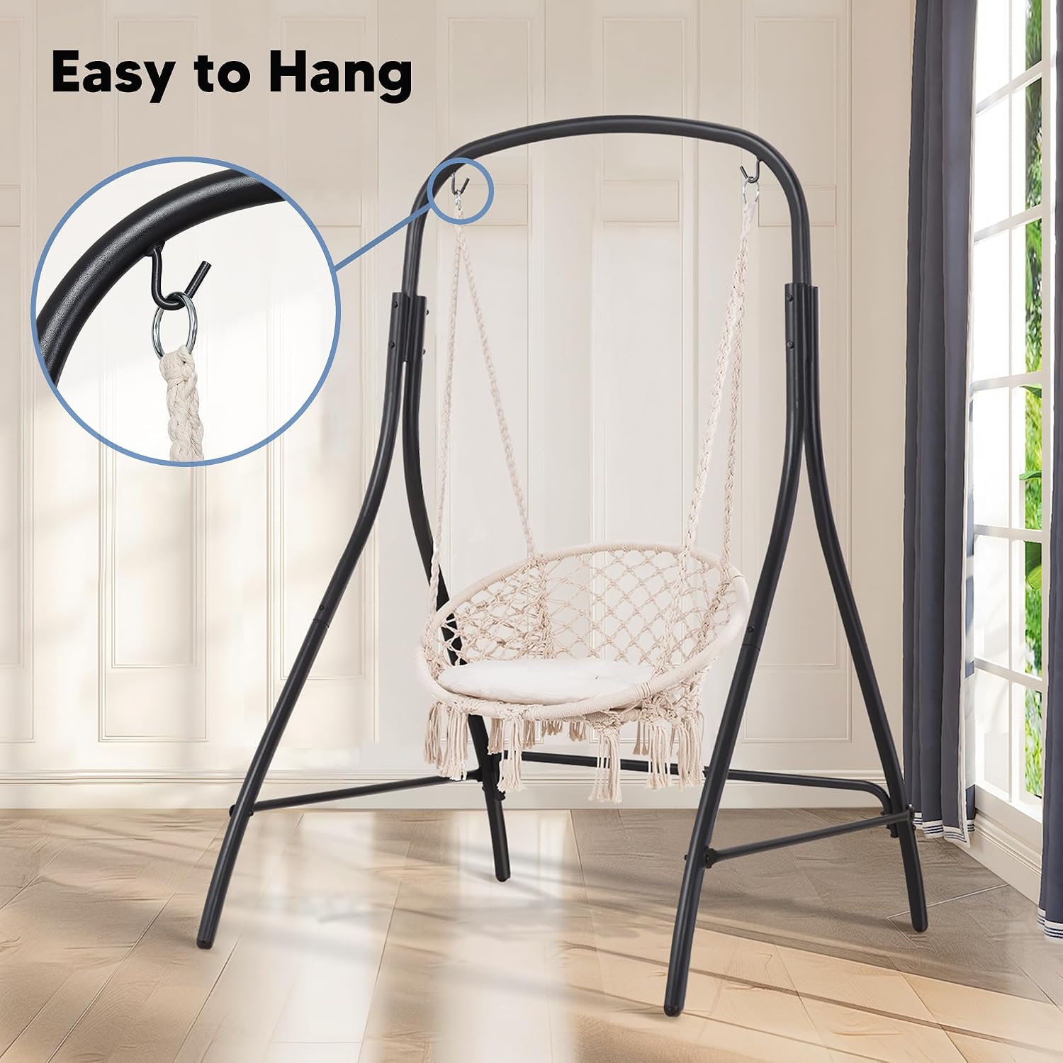 SUNCREAT Indoor Hammock Swing Chair with Stand, Hanging Chair Outdoor with Stand, 400 lbs Capacity, Beige
