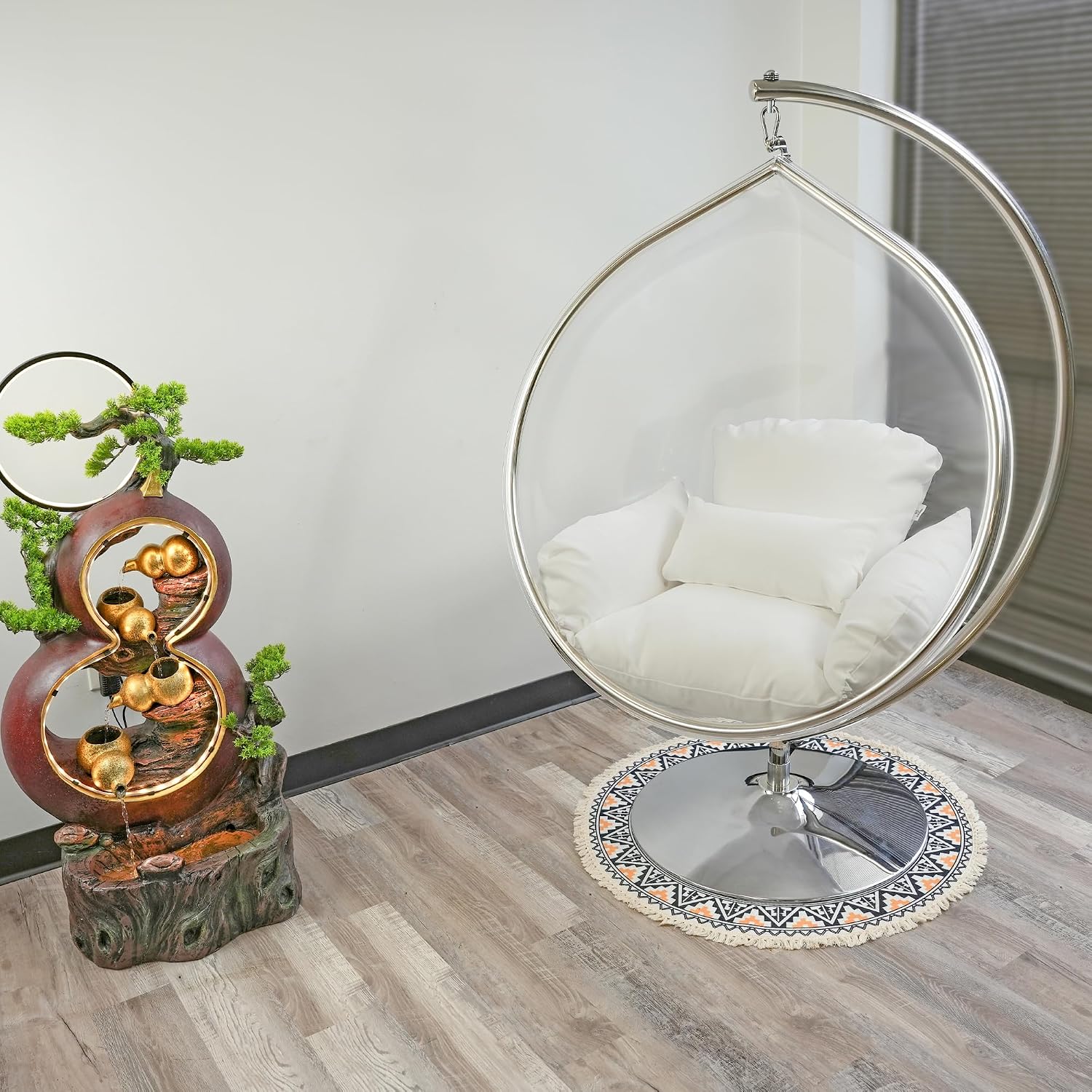 Hanging Chair - Transparent Acrylic Bubble, Waterdrop Shape, Indoor Swing Chair with Gold/Chrome Stand, Durable Fabric Cushion - Luxury Accent for Living Room, Bedroom (Chrome/White)