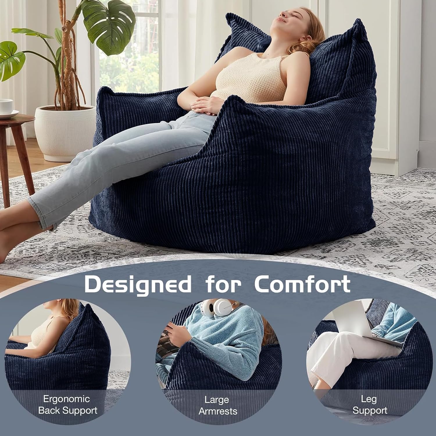 EBENCHICO Giant Bean Bag Chair Sofa for Adults Teens, Comfy Corduroy Large Bean Bag Chairs with Armrests for Bedroom Living Room, Adult BeanBag Lazy Sofa Couch Chairs with Filler Included