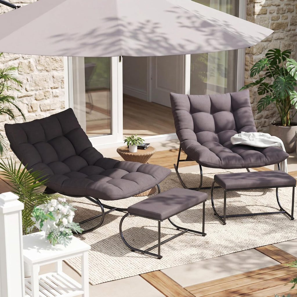 Oversized Double Papasan Rocking Chair Set of 2 with Ottoman, Egg Shaped Patio Lounge Chair with Thick Soft Cushion, Outdoor Relaxation Furniture for Porch, Backyard, Garden, Balcony, Grey
