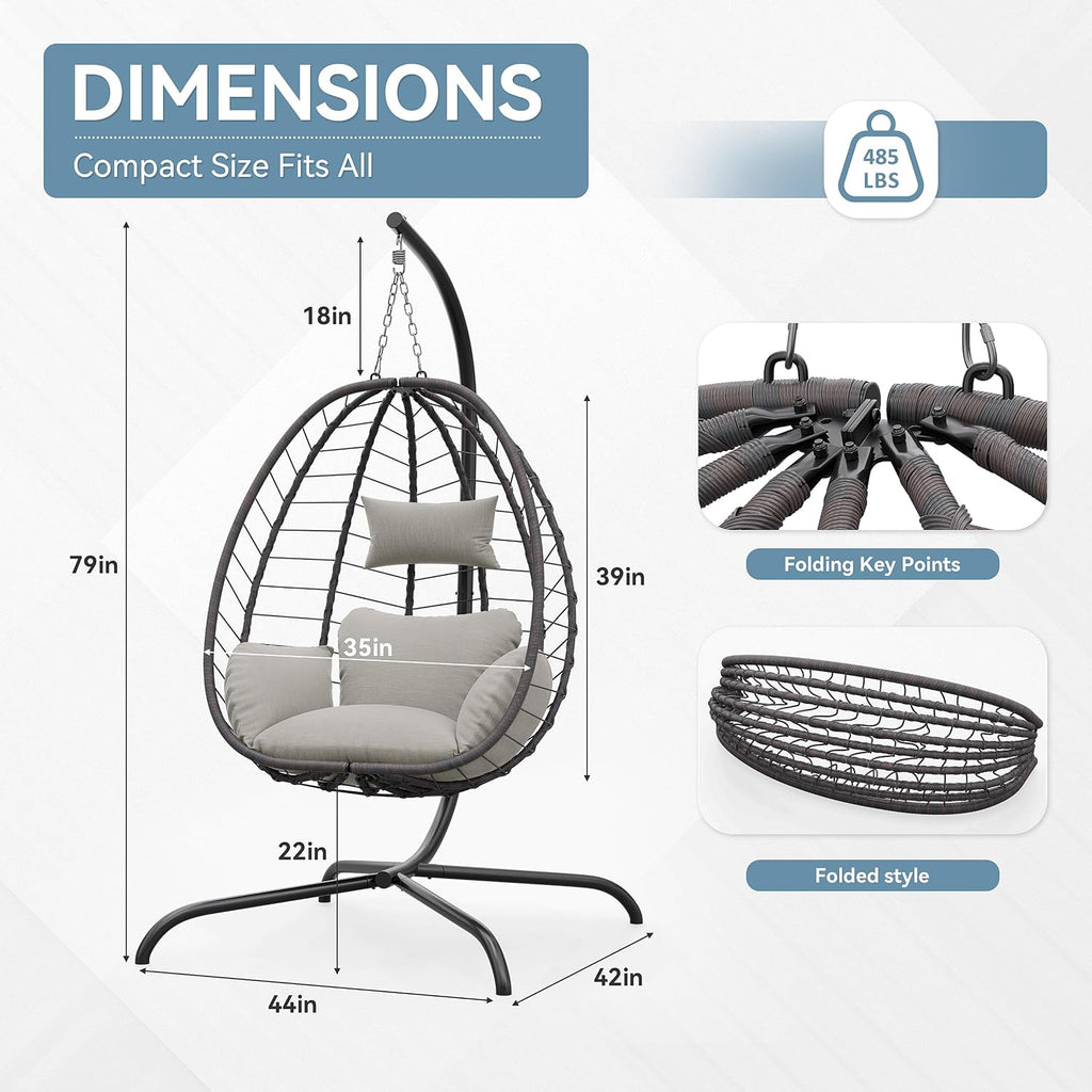 ALAULM Foldable Egg Chair with Stand, 485LBS Capacity Wicker Rattan Hammock Swing Chair for Outdoor & Indoor, Hanging Chair with Strong Frame & UV Resistant Cushion for Balcony, Bedroom, Cream