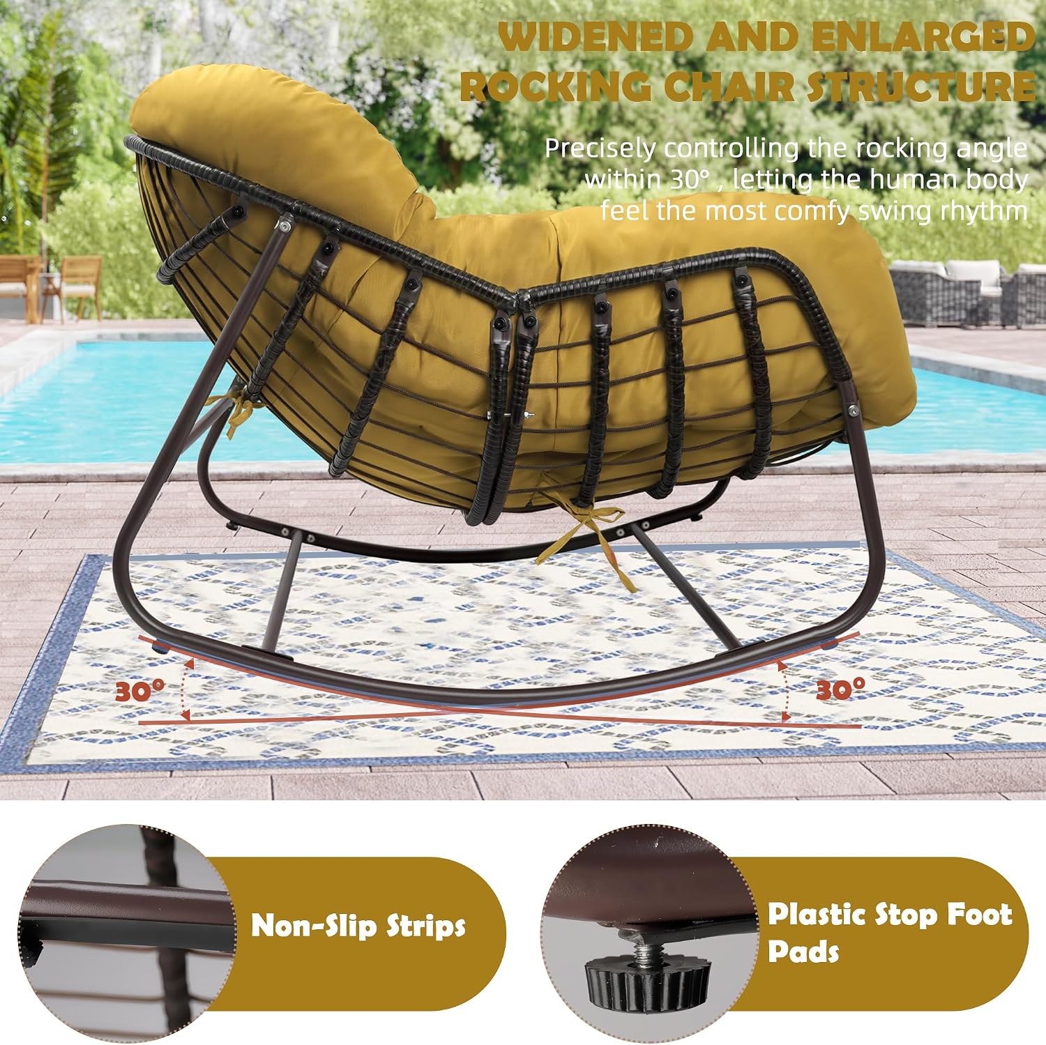 Papasan Rocking Chair, Oversized Egg Rocker for Indoor & Outdoor Use, All-Weather Wicker Patio Chair with Cushion & Pillow, Papasan Rocking Egg Chair for Bedroom, Garden, Yellow