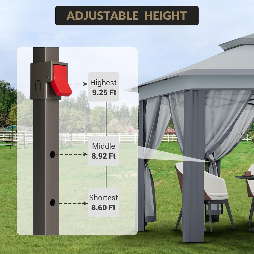 13'x13' Pop Up Gazebo with Mosquito Netting, Canopy Tent with Portable Carry Bag, Outdoor Gazebo for Backyard & Patio Furniture, Double-Layer Outdoor Pergola for Lawn, Garden, Light Grey