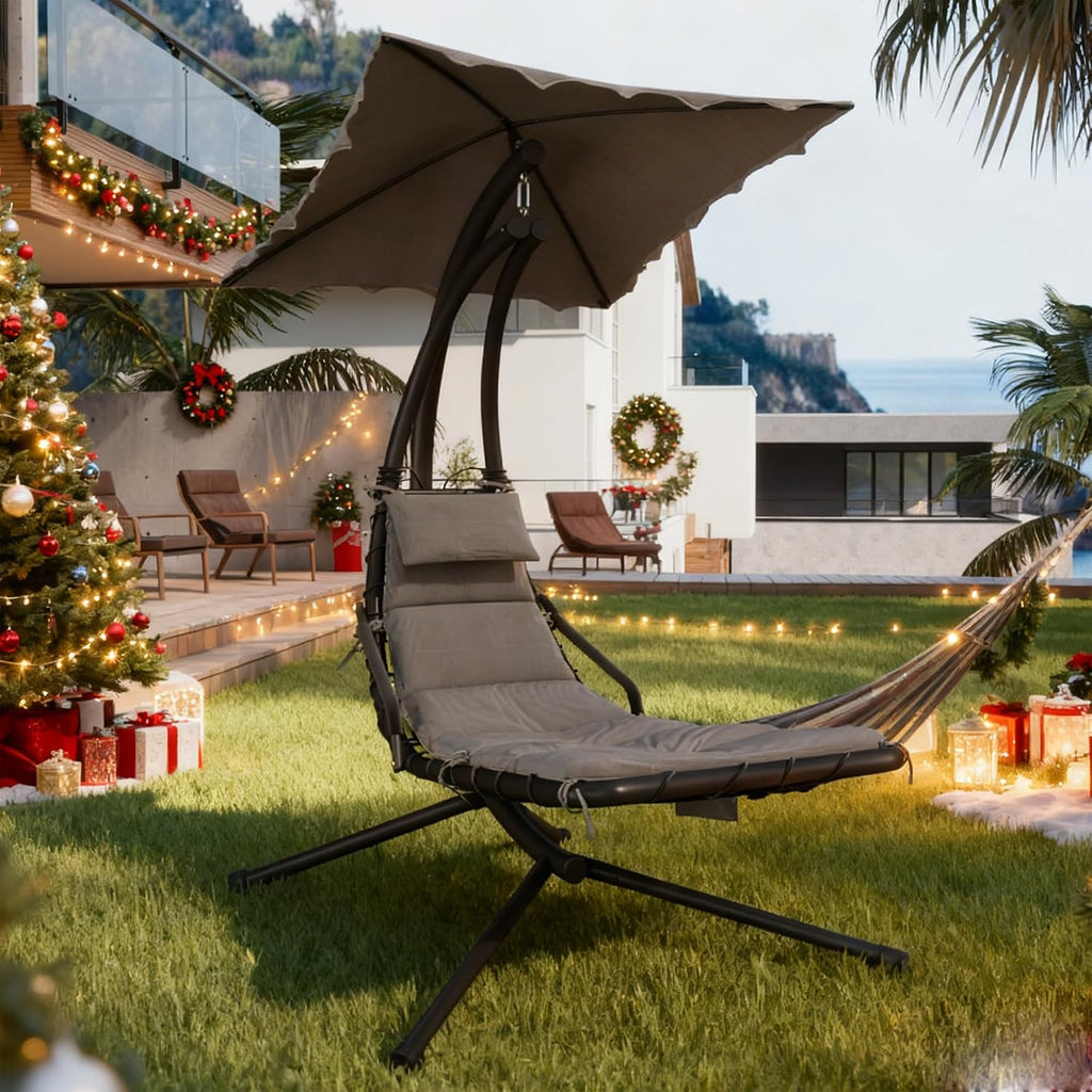 GarveeLife Chaise Lounger Swing Chair with Umbrella Canopy, Patio Hanging Chaise Lounger Chair with Stand, Curved Steel Outdoor Lounge Chairs for Indoor Patio Pool Garden Backyard Porch