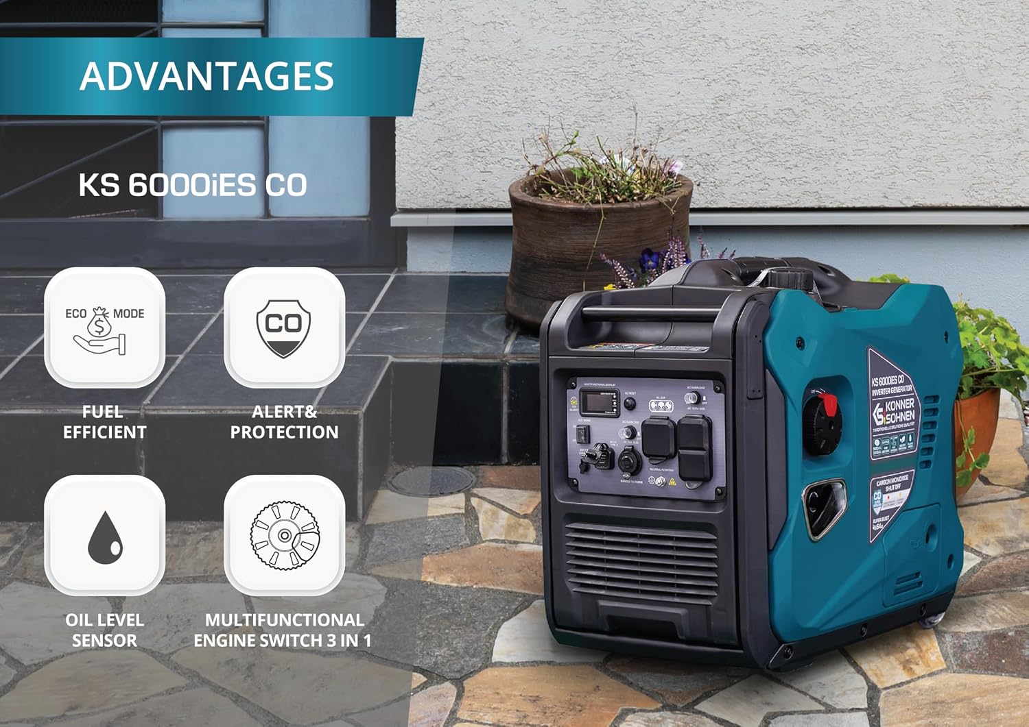 Konner&Sohnen Gas Inverter Generator - 5500 Watt, 120V/240 V, Portable and Lightweight, Super Quiet with Pure Sine Wave and CO Sensor (German brand, model: KS 6000iES CO)