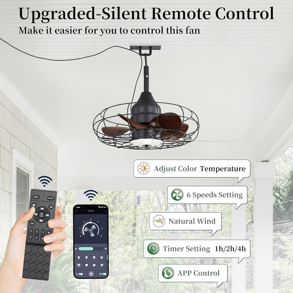 Gazabo Fan Outdoor Ceiling Fans for patios 21'' Outdoor Hanging Fan for Gazebo, Plug in Caged Lighting for Pergola Canopy,Hanging with Hook, Remote with 3 Color LED Gazabo Lights, IP44 Waterproof