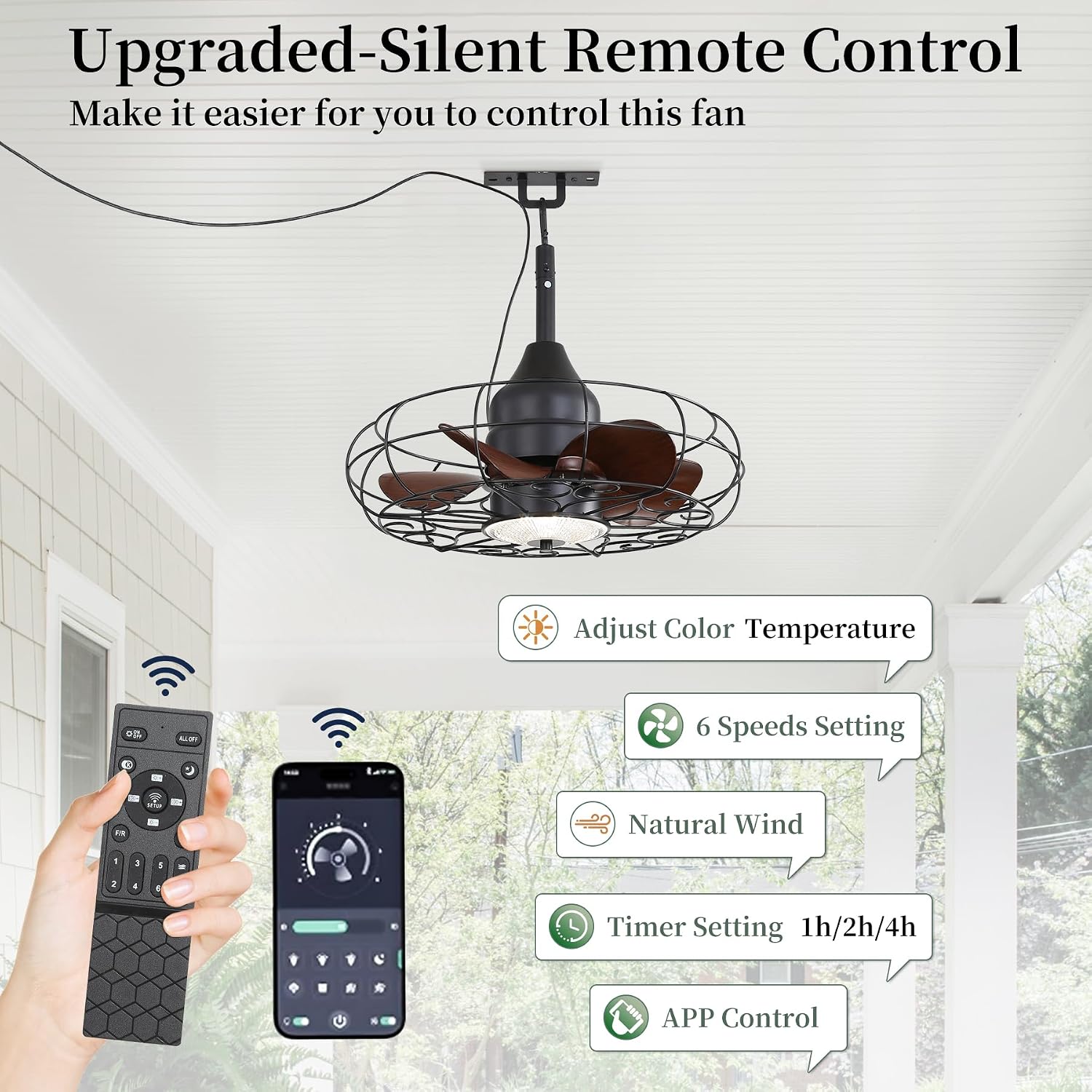 Gazabo Fan Outdoor Ceiling Fans for patios 21'' Outdoor Hanging Fan for Gazebo, Plug in Caged Lighting for Pergola Canopy,Hanging with Hook, Remote with 3 Color LED Gazabo Lights, IP44 Waterproof
