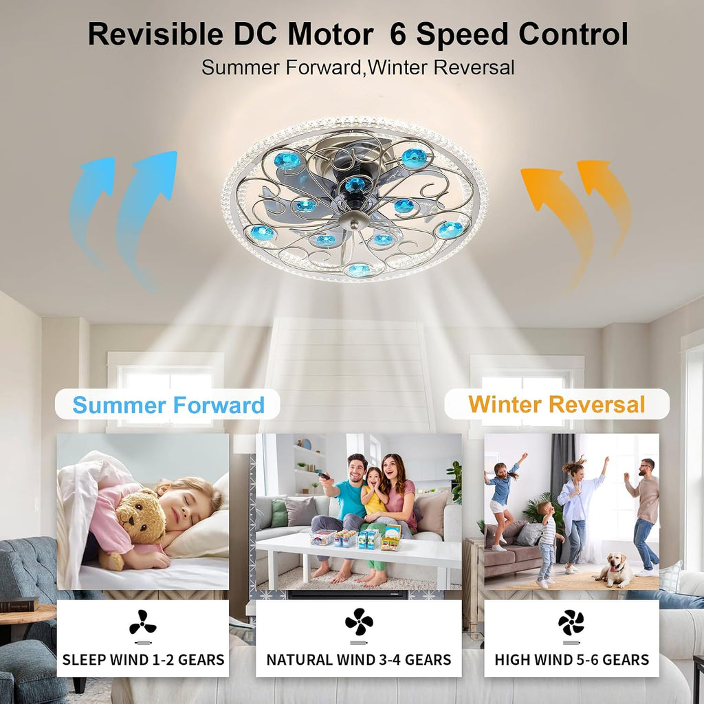 Low Profile Ceiling Fan with Lights 20' Remote Bladeless Ceiling Fan Boho Vintage Flush Mount Ceiling Fans with Light 3 Color Smart LED Dimmable,Handmade Antique Vintage Blue Crystal