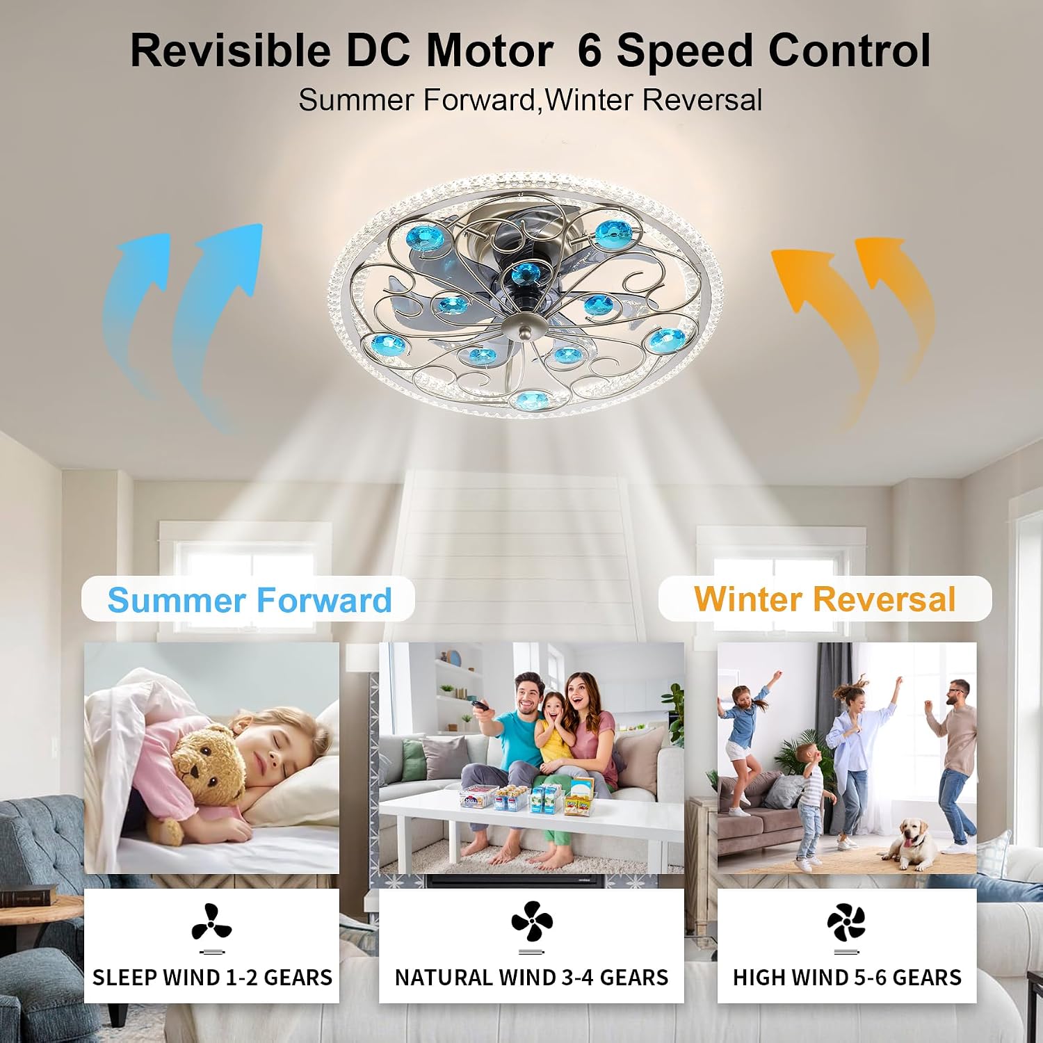 Low Profile Ceiling Fan with Lights 20' Remote Bladeless Ceiling Fan Boho Vintage Flush Mount Ceiling Fans with Light 3 Color Smart LED Dimmable,Handmade Antique Vintage Blue Crystal