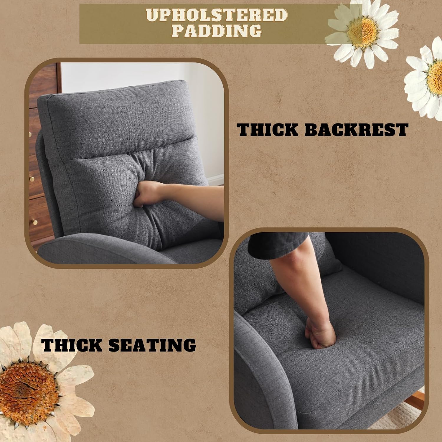 VINGLI Grey Linen Nursery Rocking Chair with Thick Headrest, Upholstered Mid-Century Modern Nursing Rocker Glider with Curved Armrest, Sturdy Solid Wood Base for Living Room, Bedroom, Baby Room