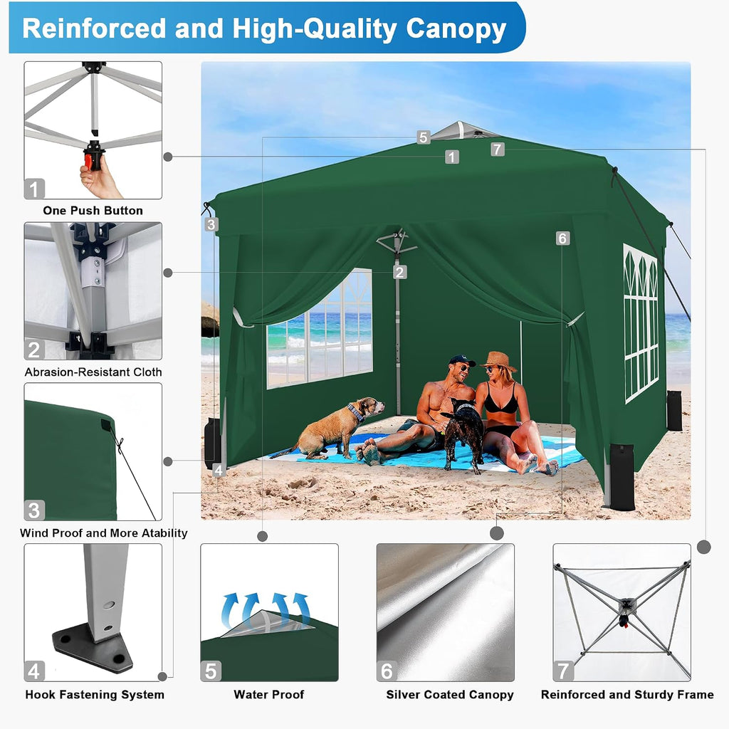 SANWAY 10x10 Pop Up Canopy Tent with Sidewalls x 4 – Easy Setup Canopy Tent, Waterproof, UV-Resistant, Portable with Carry Bag for Outdoor Events, Camping, and Backyard Parties – Dark Green