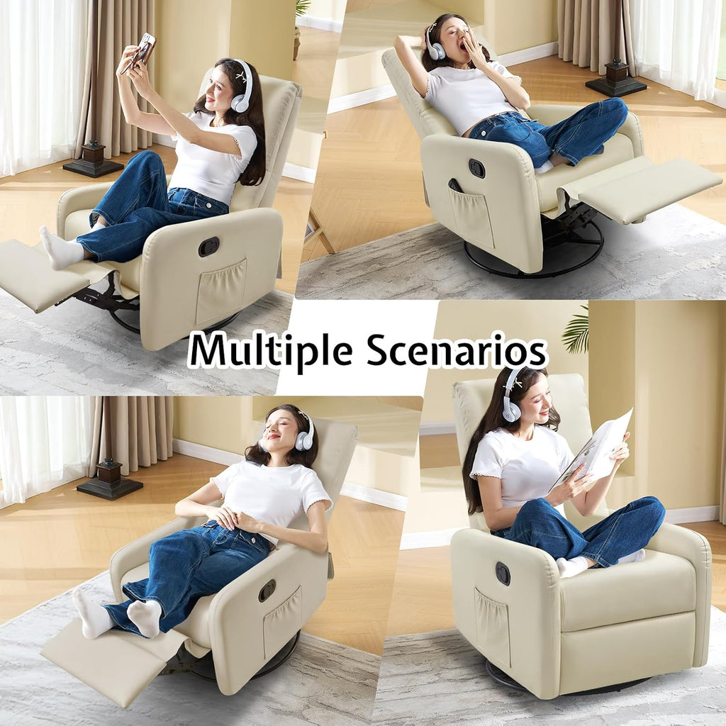 Jocisland Swivel Glider Rocking Recliner Chair for Adults, Nursery Rocker Reclining, Comfy Upholstered Single Sofa Armchair for Living Room Bedroom Nursing, Leather Cream
