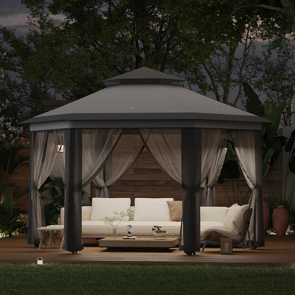 13x13 Ft 6-Sided Pop-Up Gazebo Canopy Tent with Removable Mesh Netting - Waterproof UV Protection Outdoor Instant Shelter for Patio, Backyard, Camping & Beach