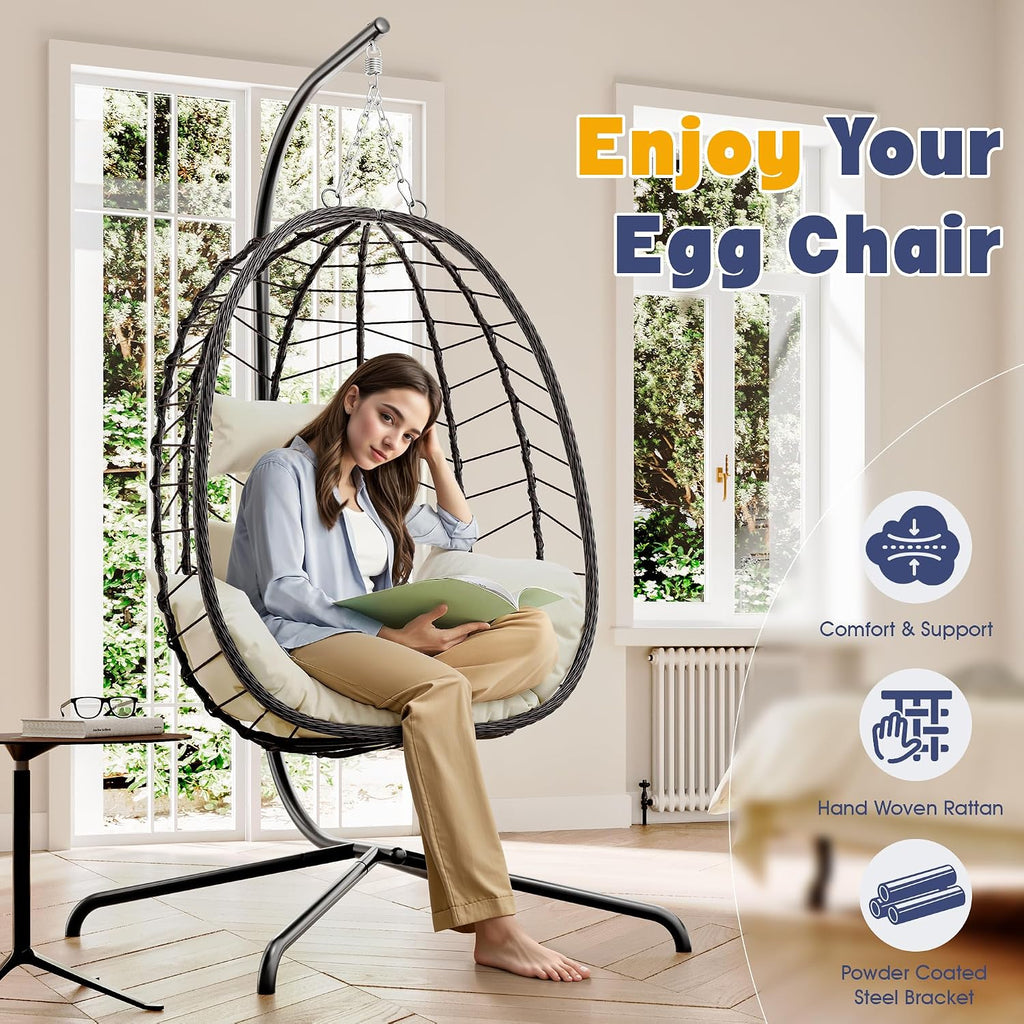 Egg Chair with Stand, Patio Wicker Bifanuo Hanging Chair, Hammock Swing Chair, 350LBS Capacity for Bedroom, Balcony, Garden(BR-BE)