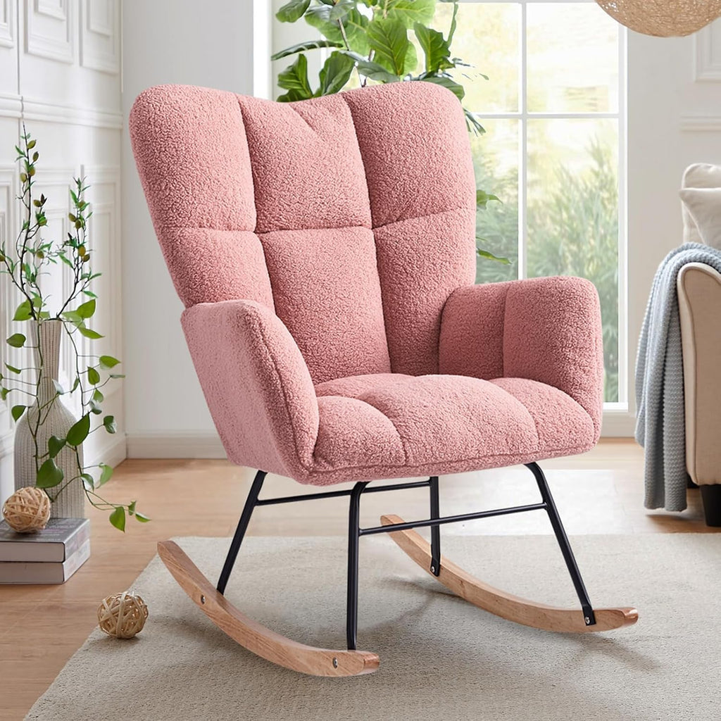 Rocking Chair Nursery, High Backrest Teddy Glider Rocker Upholstered Rocker Recliner Modern Rocking Accent Chairs for Bedroom, Living Room, Offices (Pink)