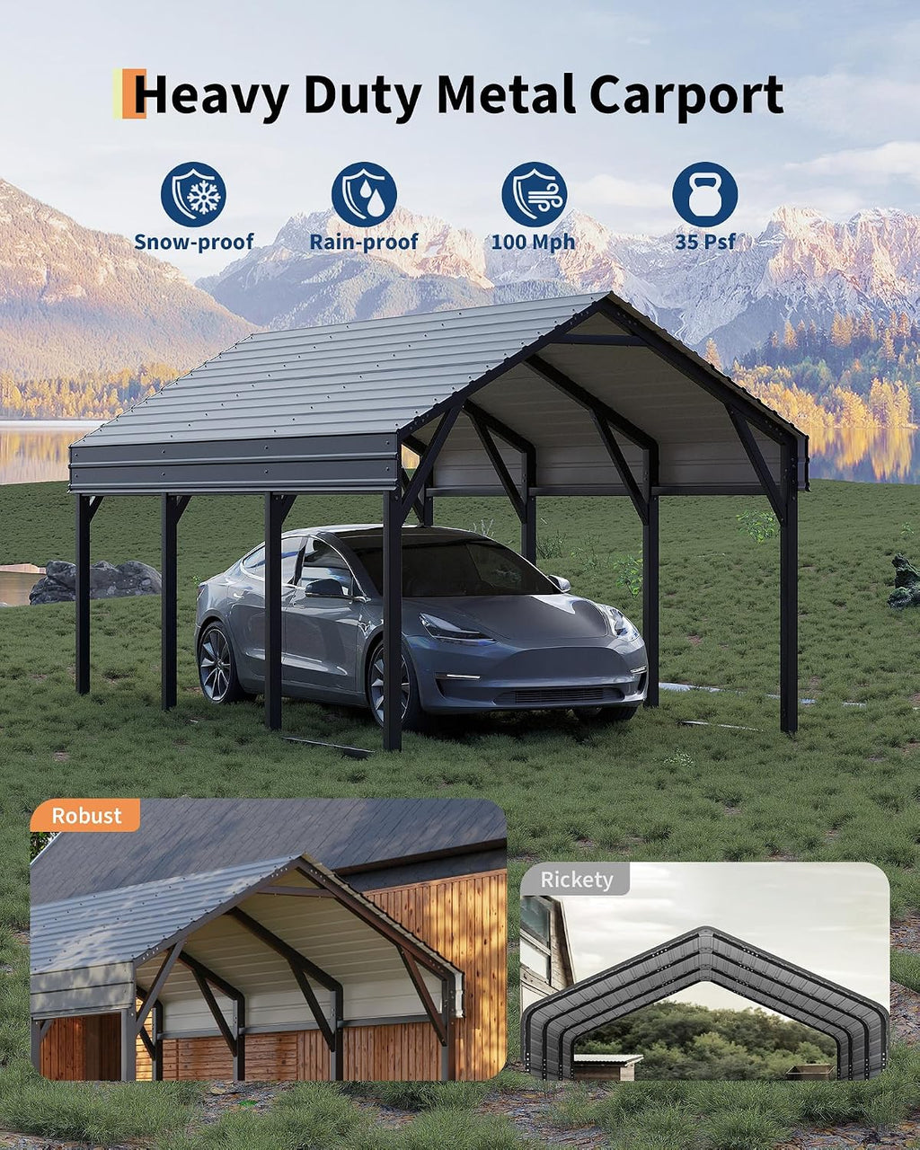 10 x 15 FT Metal Carport, Heavy Duty Carports Reinforced Frame and Steel Roof, All-Weather Shelter Canopy for Pickups, Boats, Cars, and Tractors