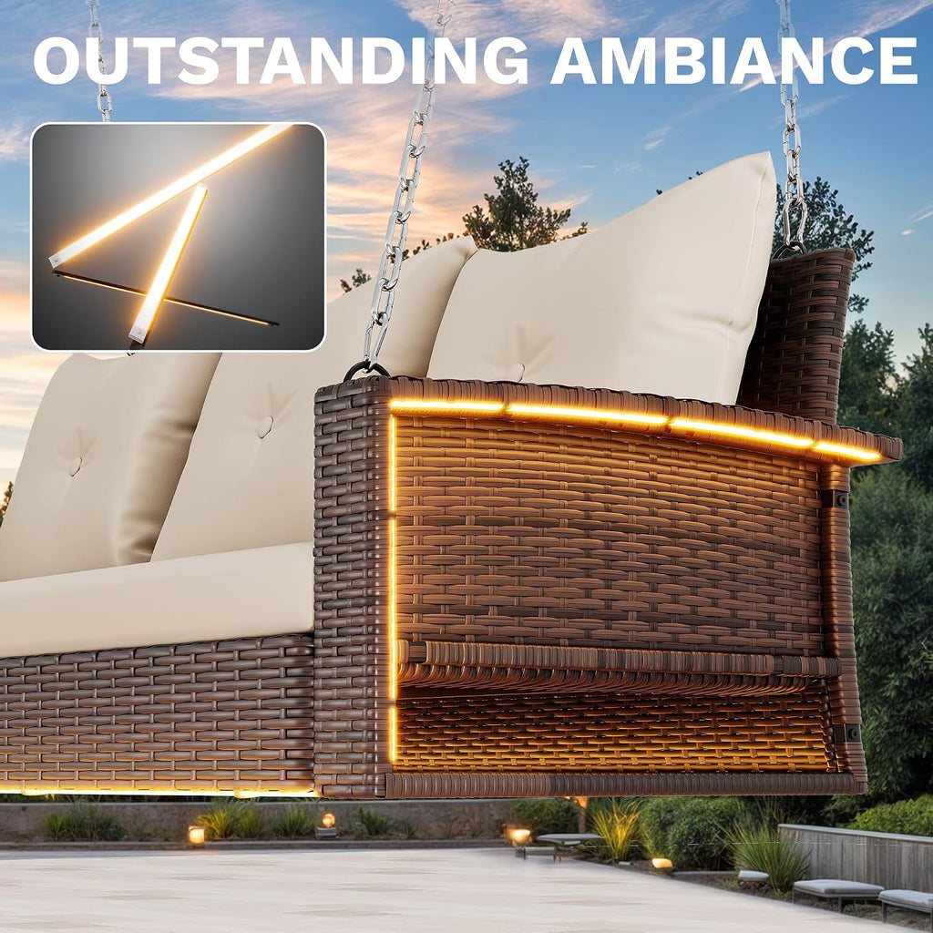 DWVO LED 3-Seat Patio Porch Swing, Outdoor Wicker Hanging Porch Swing Chair Bench Rattan Chair with LED Lights & Soft Cushions for Outside, Garden, Backyard, Lawn, Light Brown & Beige