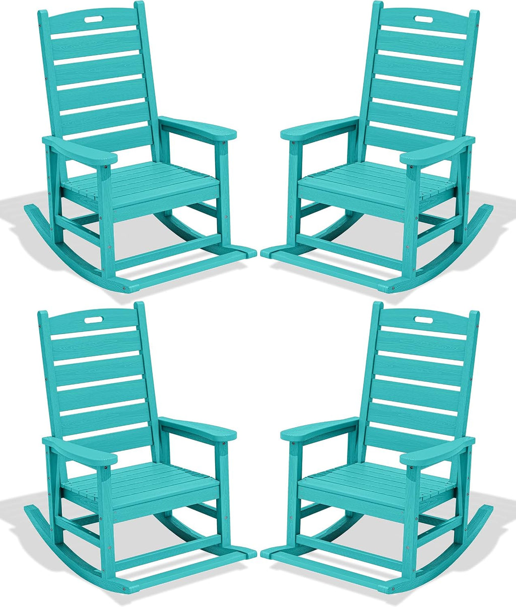 SERWALL Outdoor Rocking Chair Set of 4, Oversized HDPE Patio Rocking Chair with Footrest for Adults, All Weather Porch Rocker for Deck Patio Balcony, Aruba