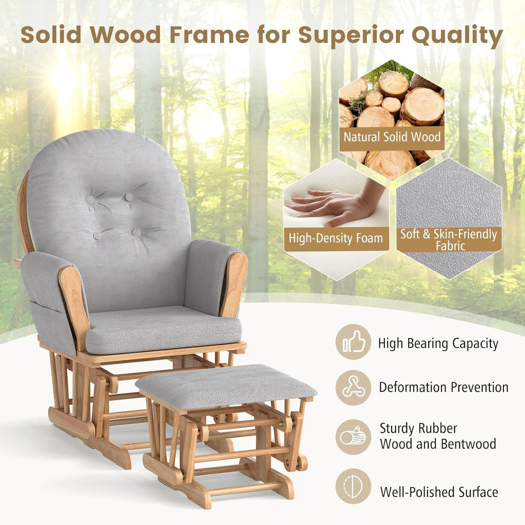 Costzon Nursery Glider with Ottoman, Upholstered Comfort Glider Rocker with Padded Cushion, Storage Pocket, Solid Wood Base, Rocking Chair Nursery for Breastfeeding, Napping (Natural)