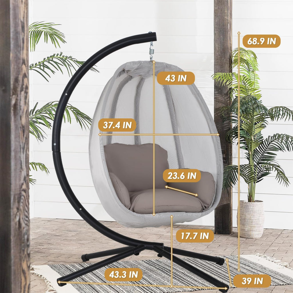 Egg Chair with Comfy Cushions Indoor Outdoor Hanging Chair Sturdy Heavy Duty Hammock Chair with Stand Cushions Breathable Fabric Cover for Patio Bedroom Garden Poolside, Grey