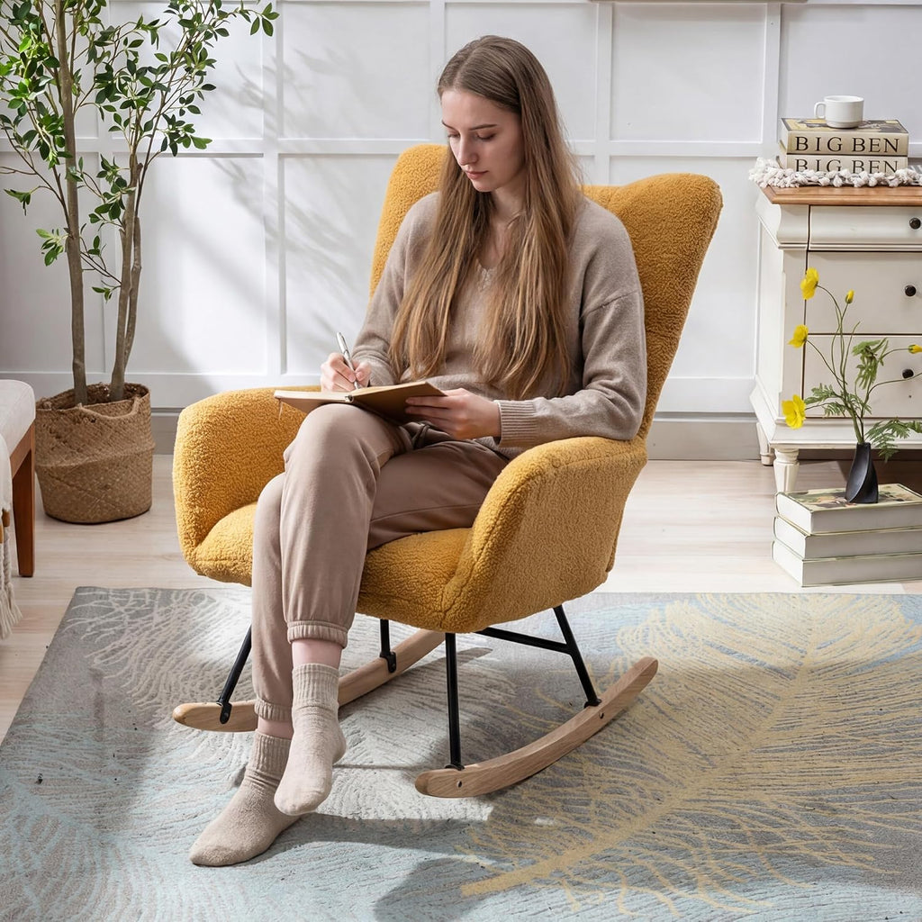 Nursery Rocking Chair Teddy Upholstered Glider Rocker Rocking Accent Chair with High Backrest Armchair Comfy Side Chair for Living Room, Bedroom, Offices (Turmeric)