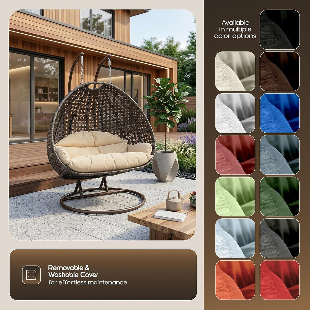 LeisureMod 2-Person Wicker Egg Chair, Hanging Swing Chair for Indoor & Outdoor Use with Cushions, Beige Steel Stand, UV-Resistant, Hammock Lounge Seat for Patio, Porch, or Bedroom (Cream)
