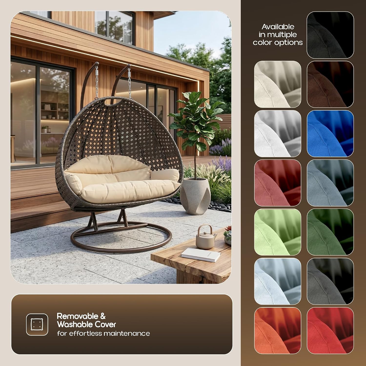 LeisureMod 2-Person Wicker Egg Chair, Hanging Swing Chair for Indoor & Outdoor Use with Cushions, Beige Steel Stand, UV-Resistant, Hammock Lounge Seat for Patio, Porch, or Bedroom (Cream)