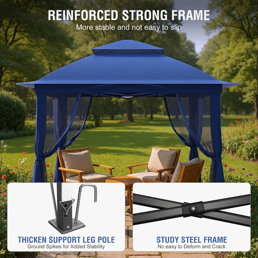 Pop Up Gazebo 11x11, Outdoor Instant Canopy Shelter Tent with Mosquito Netting Metal Frame Storage Bag for Patio Garden Backyard.(Dark Blue) (Dark Blue)