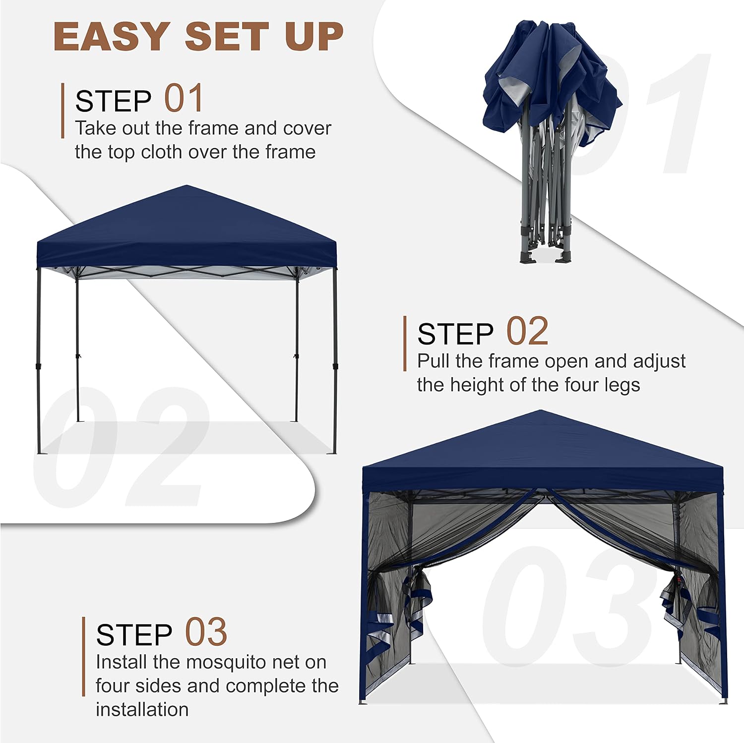 MASTERCANOPY Pop-Up Easy Setup Outdoor Canopy with Netting Screen Walls (8x8, Navy Blue)