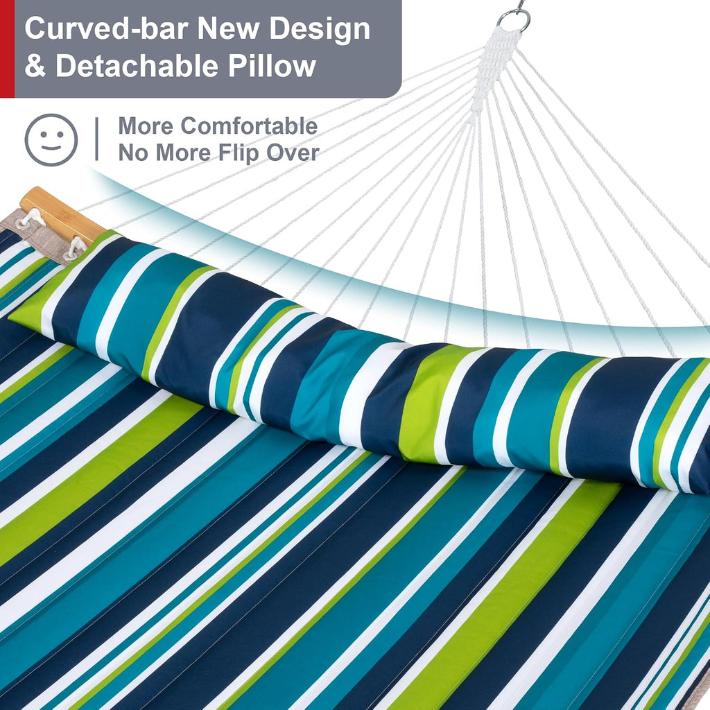 Hammock with Stand for Outside, Double Hammock with Stand, Pillow and Portable Bag, 450 Lbs Capacity, Green Blue Stripes