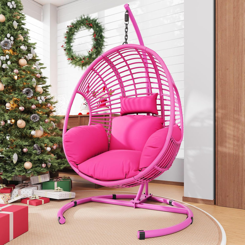 Hanging Egg Chair with Stand - Egg Swing Chair Outdoor Indoor Patio Wicker Chair Swing Hammock Egg Chairs 400lbs Capacity for Outside Patio, Bedroom, Garden and Balcony (Pink, 2P)