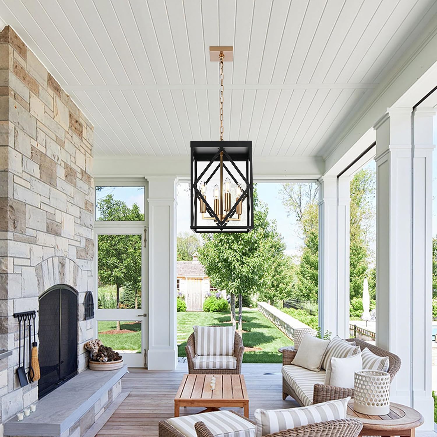 Outdoor Pendant Light for Porch, 4-Light Modern Metal Exterior Hanging Lantern Pendant Light Outside Chandelier Black with Clear Glass or Front Porch Entrance Foyer Entryway, Brass Socket