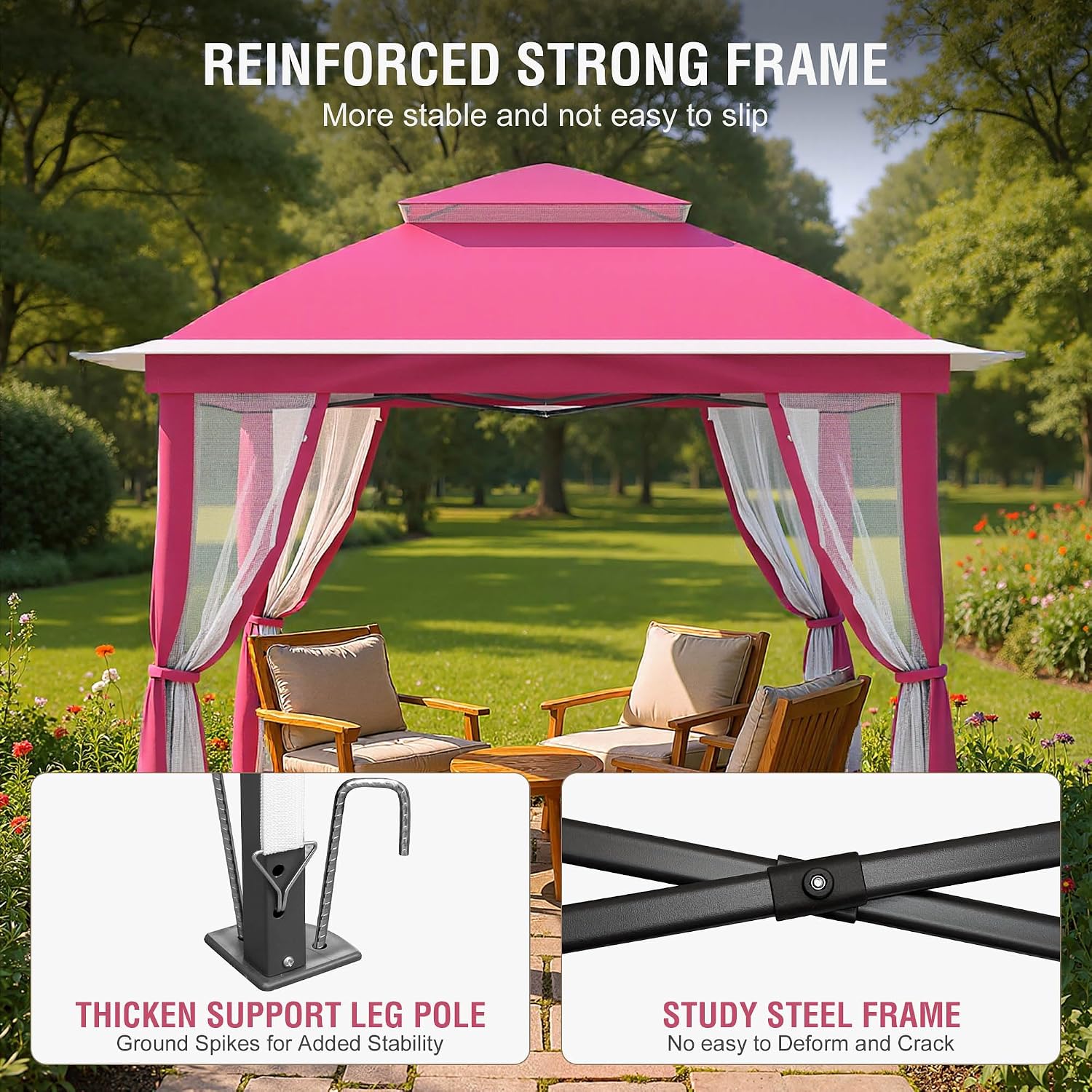 Pop Up Gazebo 11x11, Outdoor Instant Canopy Shelter Tent with Mosquito Netting Metal Frame Storage Bag for Patio Garden Backyard.(Pink)