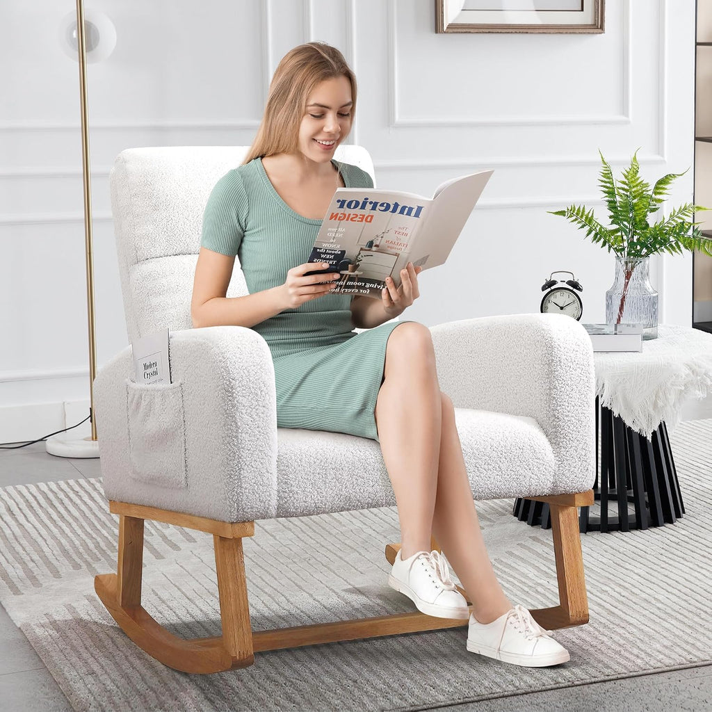 Rocking Chair Nursery,Teddy Rocker Nursing Chairs with Wood Legs & Side Pocket, Comfortable Glider Roking Chair for Nursery, Living Room, Bedroom, Sherpa White