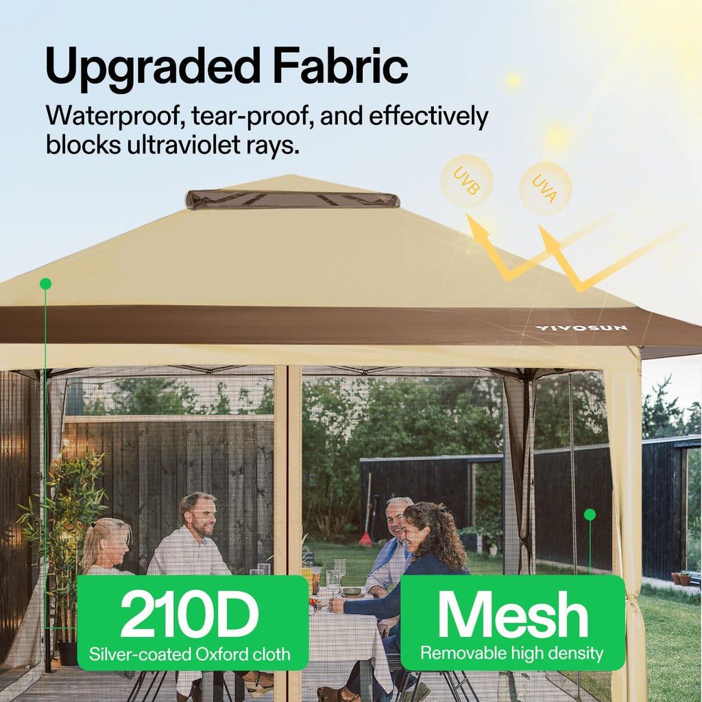 VIVOSUN 13 x 13 Pop Up Canopy Tent, Quick Setup Canopy Shelter with Mosquito Netting, Center Lock, Storage Bag, Instant Outdoor Gazebo for Parties, Patio, Lawn, Garden, Backyard, Khaki