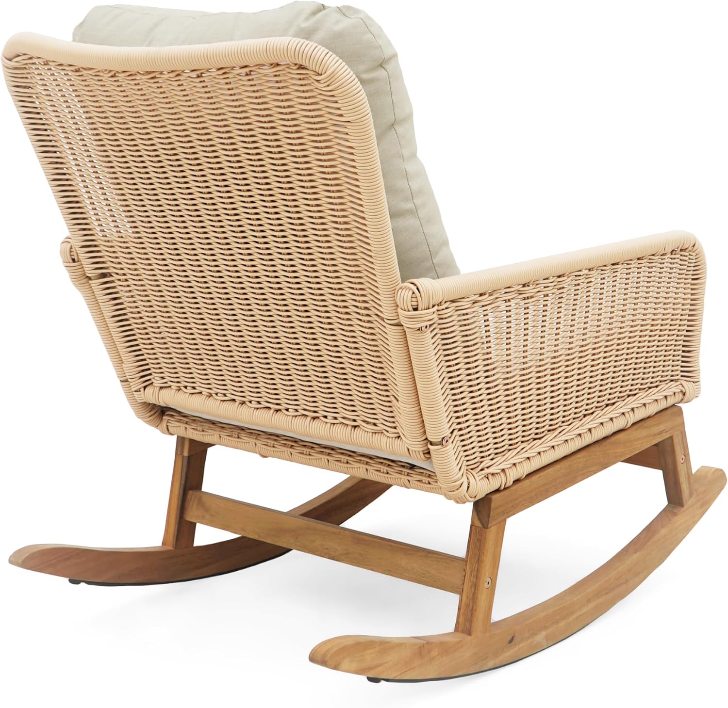 Christopher Knight Home Nadine Patio Rocking Chair, Wicker Rocker, Wood Leg Rocking Chair, PE Rattan Wicker Chair, Rocking Chair with Cushions, Comfort Wicker Rocker for Backyard Balcony Porch, Beige