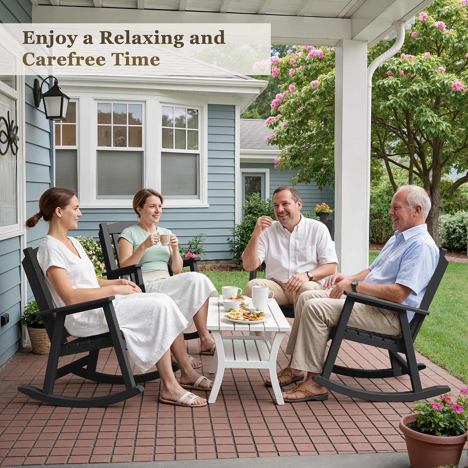 Greesum Set of 2 Outdoor Rocking Chair, 300lbs All-Weather Patio Rocker, Rust-Proof & UV-Resistant, Comfortable Smooth Glide for Deck, Porch, Lawn, or Garden, Black