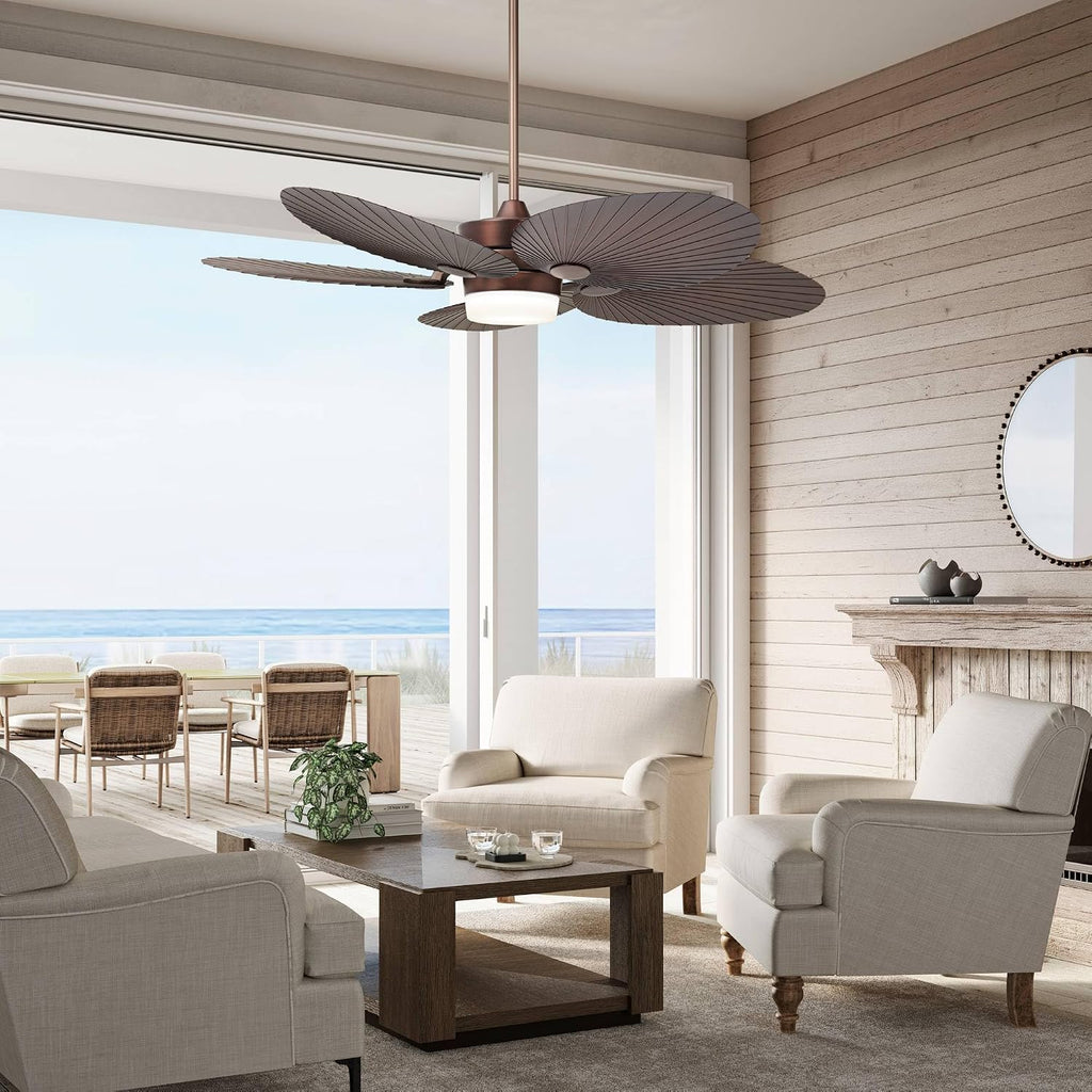 Casa Vieja 52' Breeze Tropical Coastal Indoor Outdoor Ceiling Fan with Light LED Remote Control Oil Brushed Bronze Palm Leaf Damp Rated for Patio Exterior House Porch Gazebo Garage with 6' Downrod