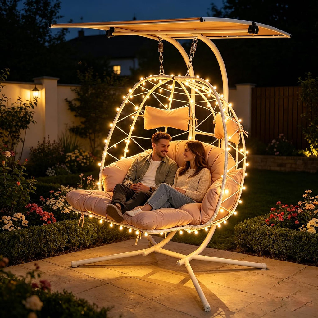 Double Egg Chair Outdoor with Stand & Canopy, 2 Person Hanging Egg Chair with Footrest, Oversized Rattan Wicker Egg Swing Chair for Bedroom Garden, 660Lbs (White-Beige with Light)
