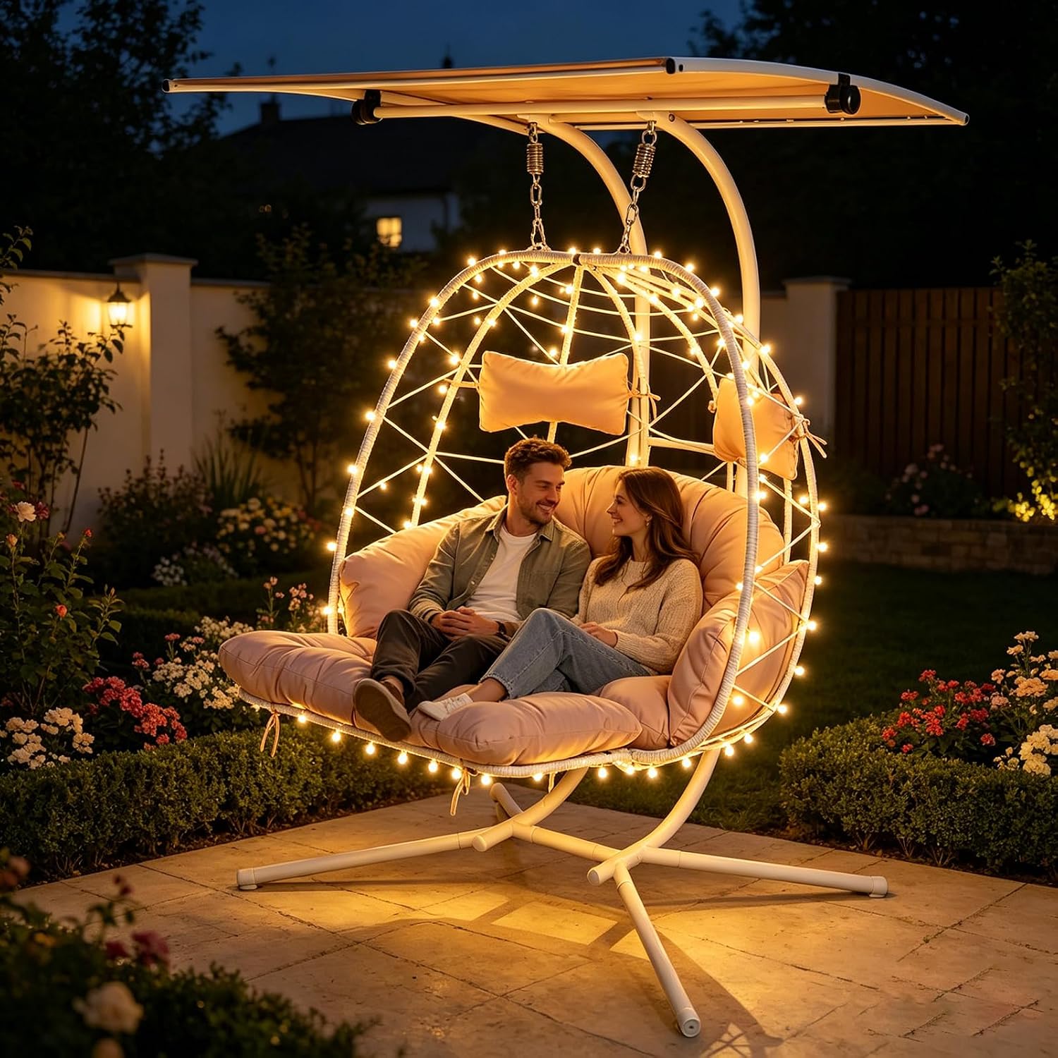 Double Egg Chair Outdoor with Stand & Canopy, 2 Person Hanging Egg Chair with Footrest, Oversized Rattan Wicker Egg Swing Chair for Bedroom Garden, 660Lbs (White-Beige with Light)