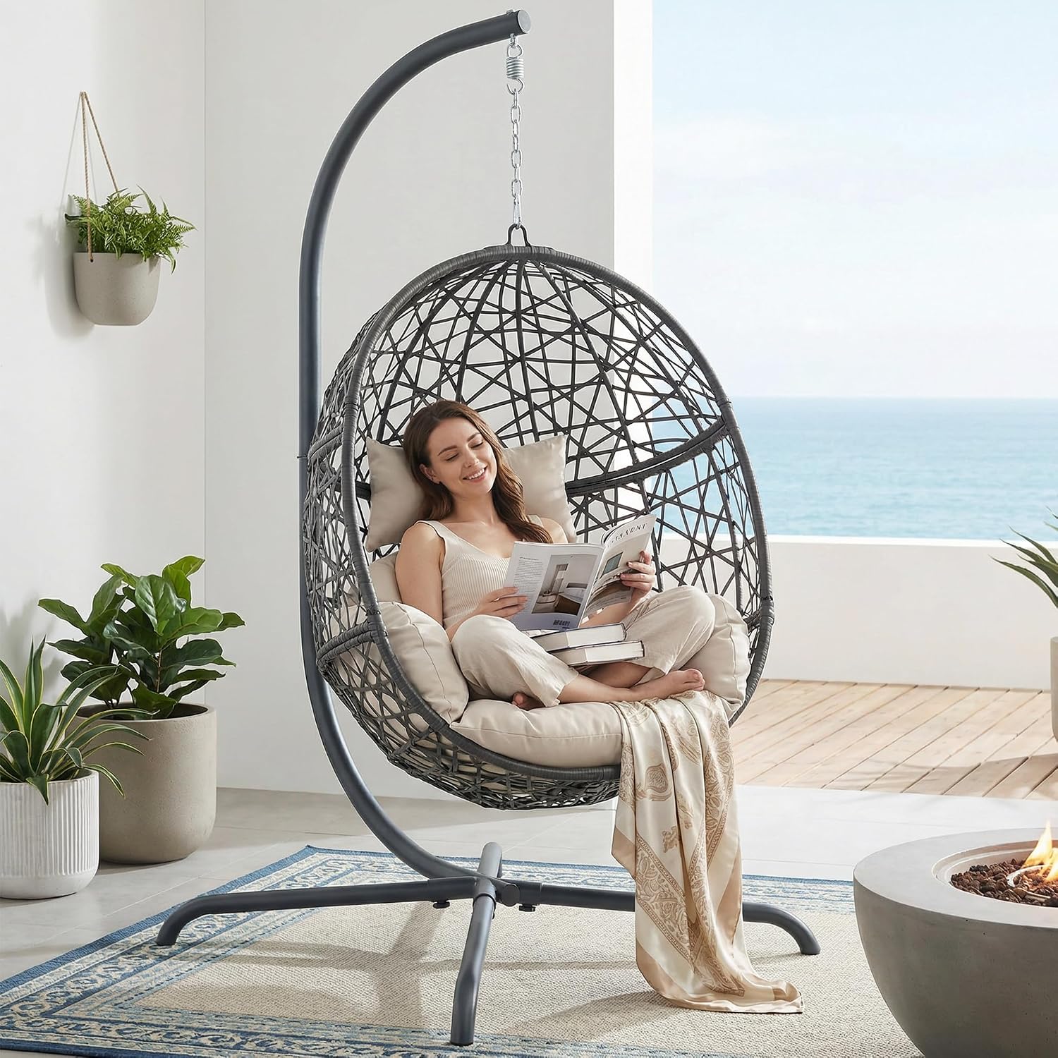 NICESOUL Oversized Patio Swing Egg Chair, Rattan Outdoor Indoor Hanging Egg Chair with Stand, Cozy Bird Cage Swinging Basket Chairs, 350 lbs Egg-Shape Padded Seat for Balcony Outside, Beige