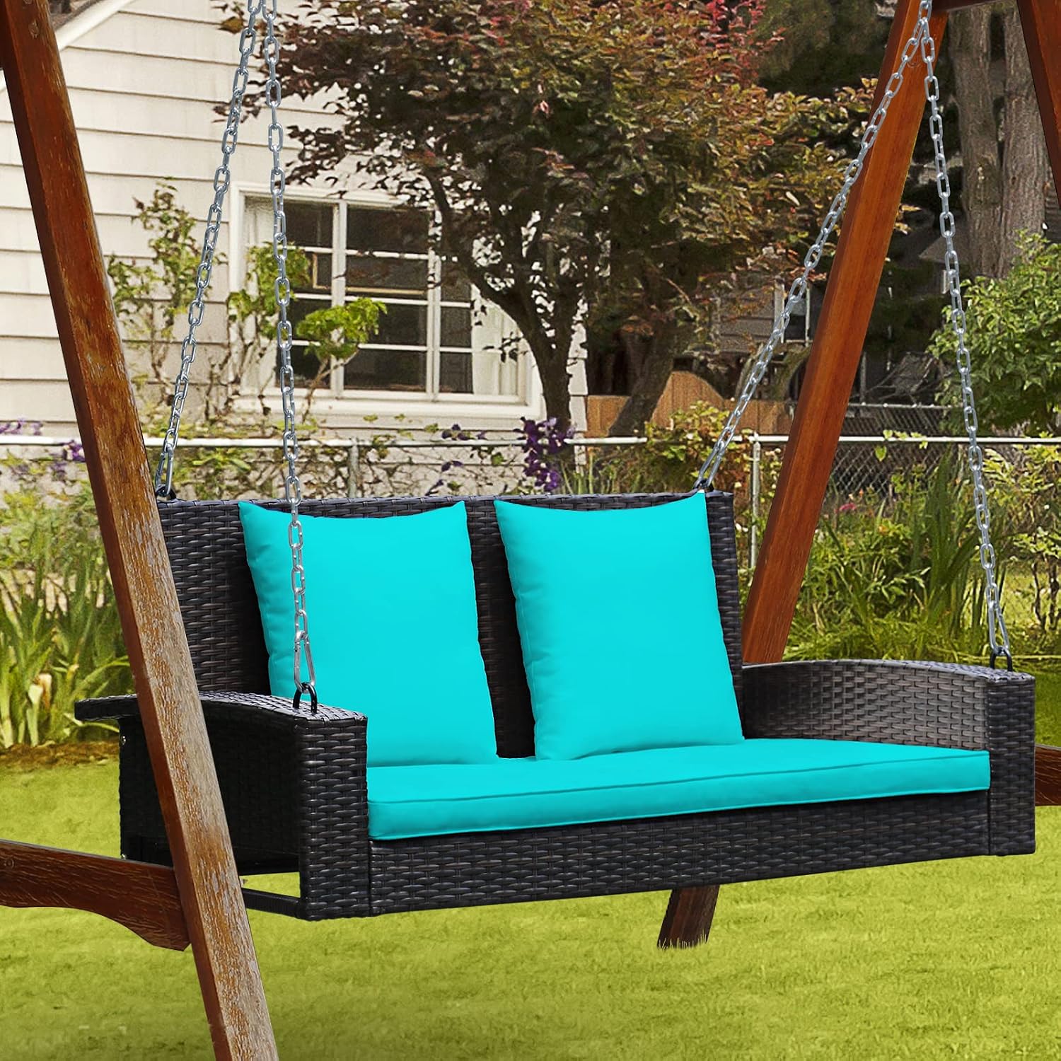 RELAX4LIFE Porch Swing 2-Seat Patio Rattan, Wicker Porch Swings Outdoor W/Two 7.9 Ft Solid Steel Chain, Comfortable Back & Seat Cushions, for Front Porch, Garden, Backyard Patio Swing (Turquoise)
