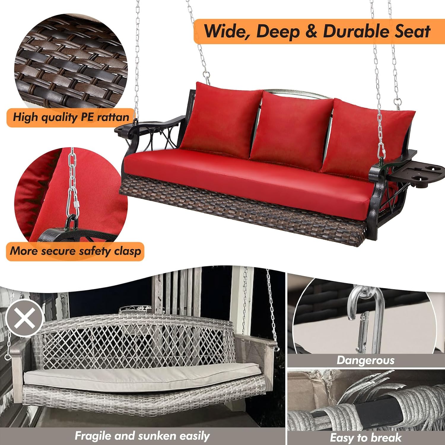 ZZW Heavy Duty 900 LBS Porch Swing Chair 3-Person Outdoor Rattan Patio Swing Lounge w/Cup-Holder & Steel Chains Wicker Hanging Bench Porch Swing Cushions for Deck & Backyard & Garden