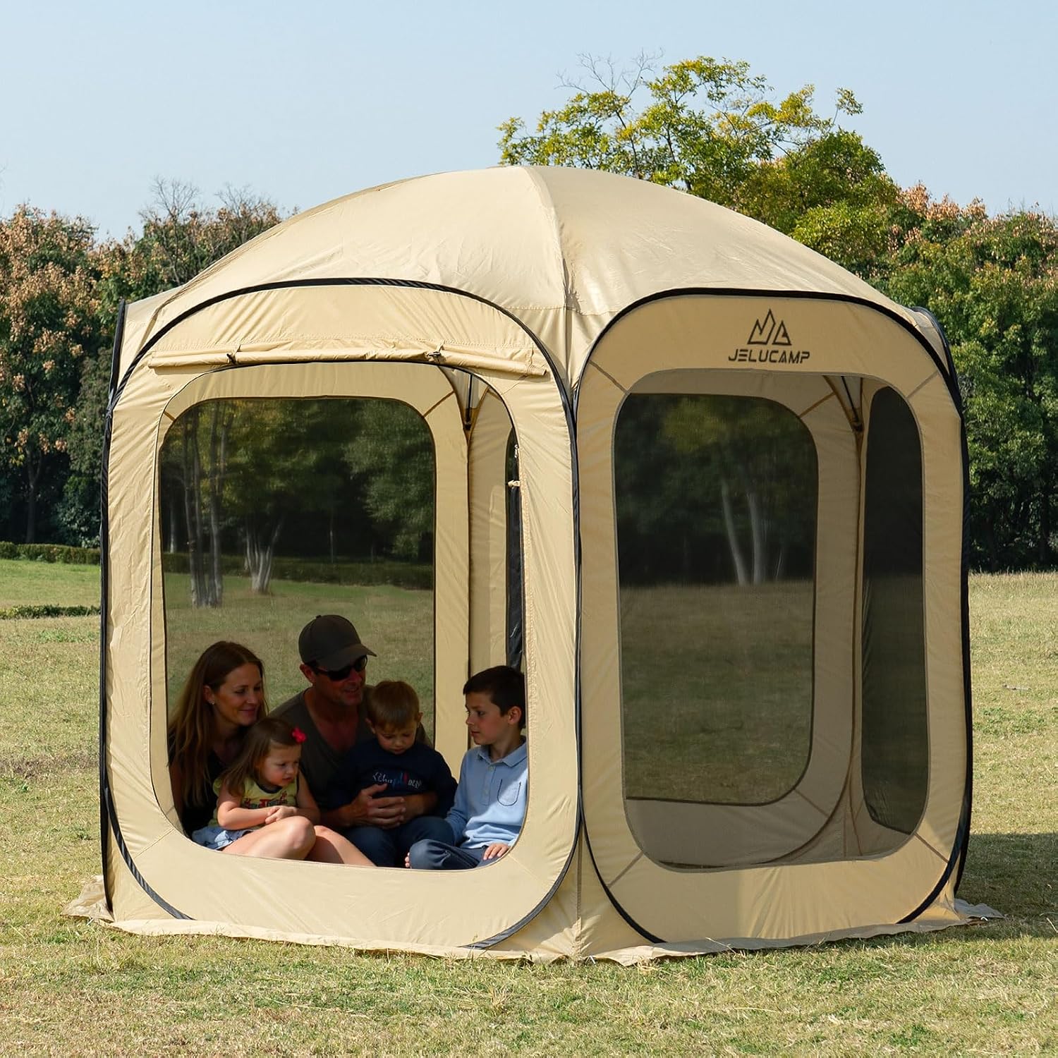 JELUCAMP 10x10 FT Pop Up Screen House Tent - Instant Screened Gazebo Canopy with Mosquito Net, Portable Backyard Tent for 4-6 People, Easy Setup Patio Shelter for Camping, BBQ, Sports & Outdoor