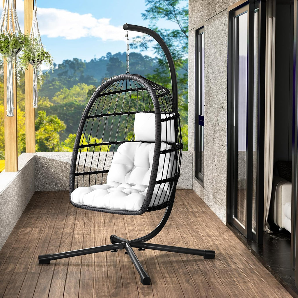 LEVELEVE Egg Chair with Stand,Patio Rattan Wicker Hanging Swing Egg Chair Hammock Chair for Bedroom Porch Garden,Thickened Aluminum Alloy Steel Frame and UV Resistant Cushion,350LBS Capacity