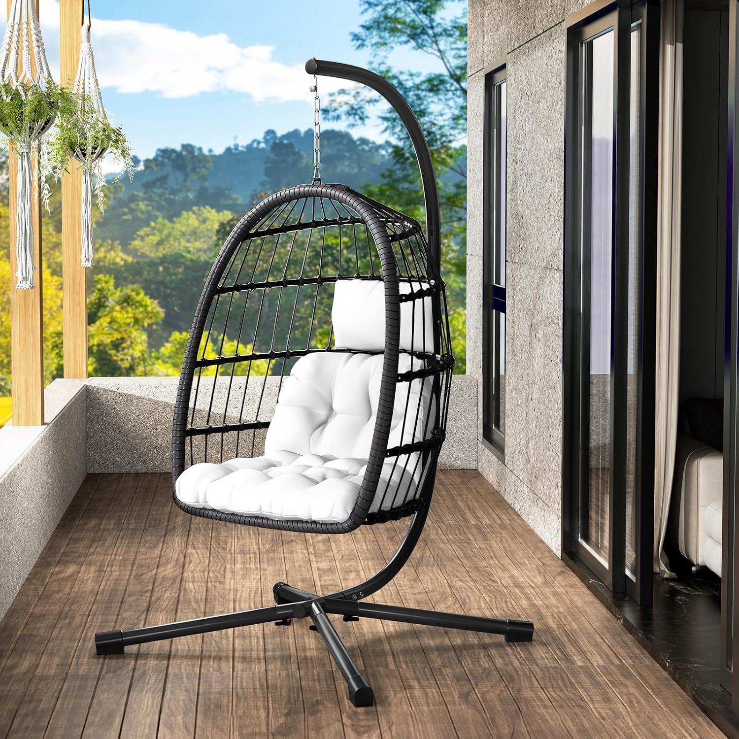 LEVELEVE Egg Chair with Stand,Patio Rattan Wicker Hanging Swing Egg Chair Hammock Chair for Bedroom Porch Garden,Thickened Aluminum Alloy Steel Frame and UV Resistant Cushion,350LBS Capacity