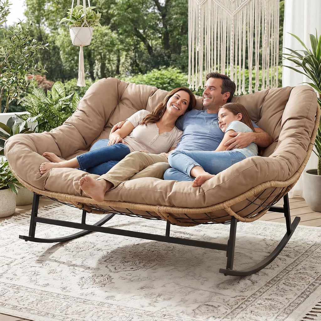 BULEXYARD Double Papasan Rocking Chair Indoor Outdoor, 2 Person Wicker Rocking Egg Chair with Cushions for Relaxing/Napping, Heavy Duty Cozy Patio Lounge Loveseat for Balcony, Porch, Brown