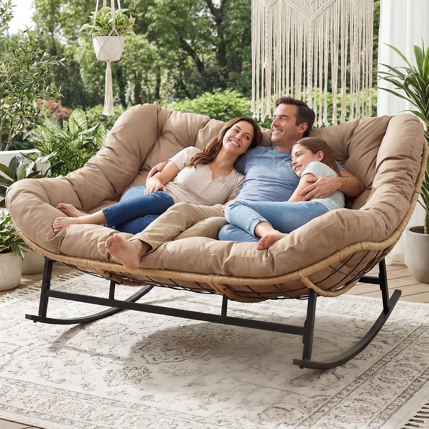 BULEXYARD Double Papasan Rocking Chair Indoor Outdoor, 2 Person Wicker Rocking Egg Chair with Cushions for Relaxing/Napping, Heavy Duty Cozy Patio Lounge Loveseat for Balcony, Porch, Brown