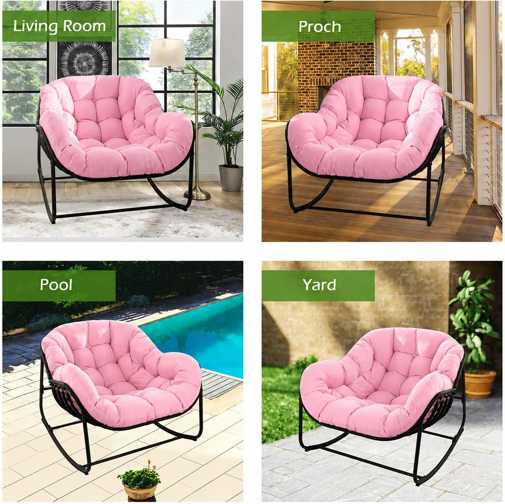 Papasan Rocking Chair, Oversized Papasan Chair with Cushion and Frame for Indoor& Outdoor,Egg-Shaped Patio Rocking Chair for Garden, Deck, Living Room, Pink